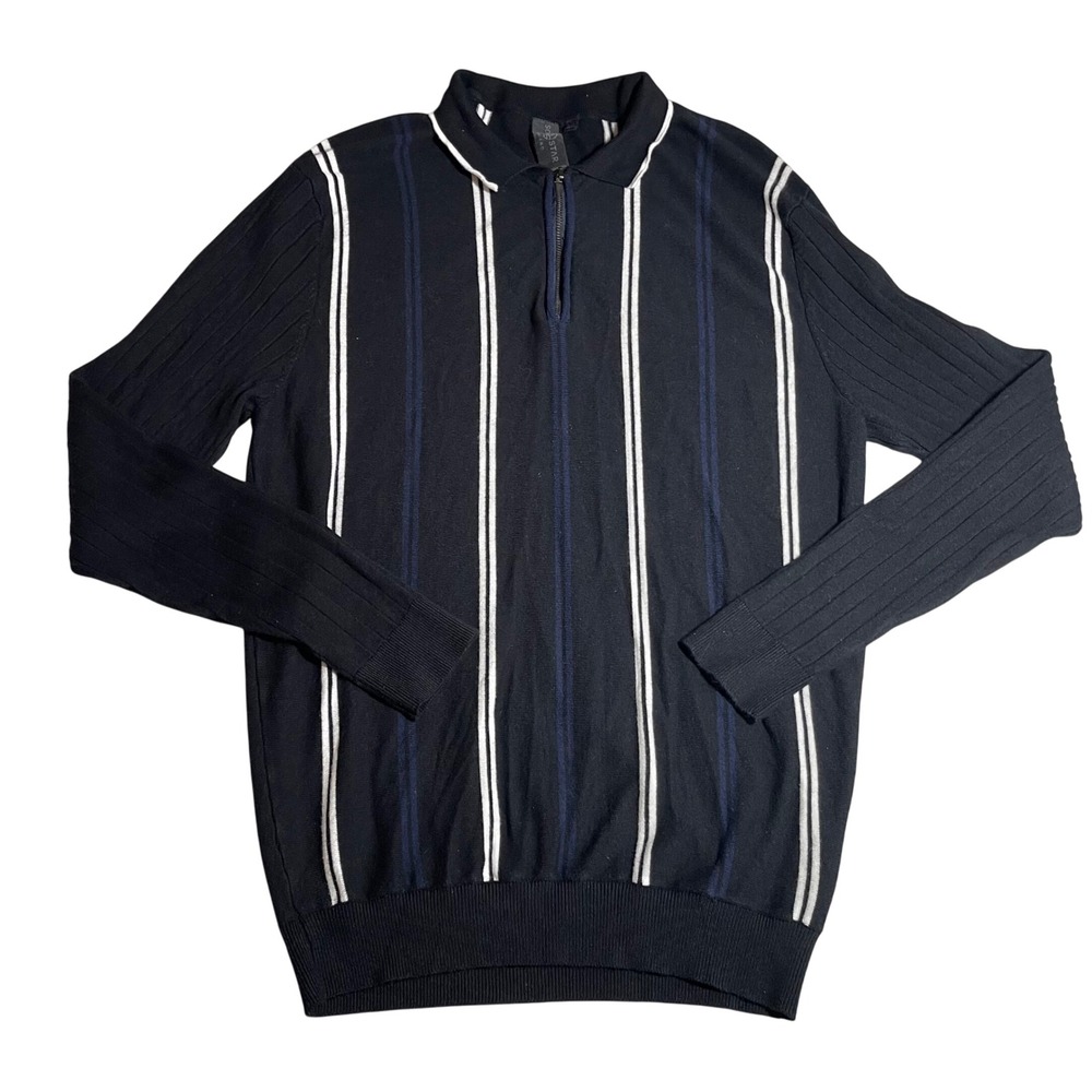 Soul Star Mens Black Vertical Stripe Knit‎ Polo Sweater Shirt
